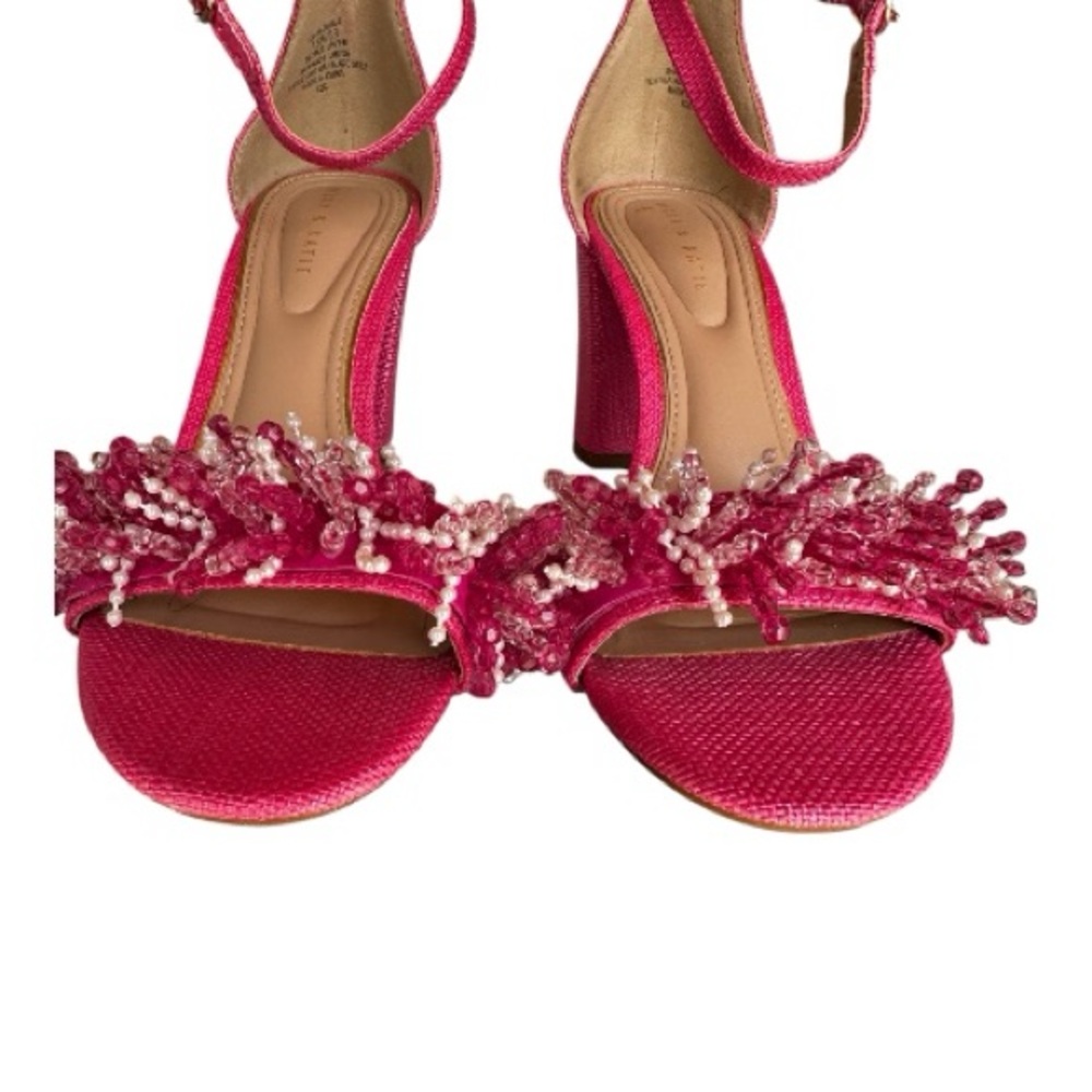 Kelly & Katie Hasana Fringed Chunky Block Heel Sandal Pink & White - Picture 5 of 7